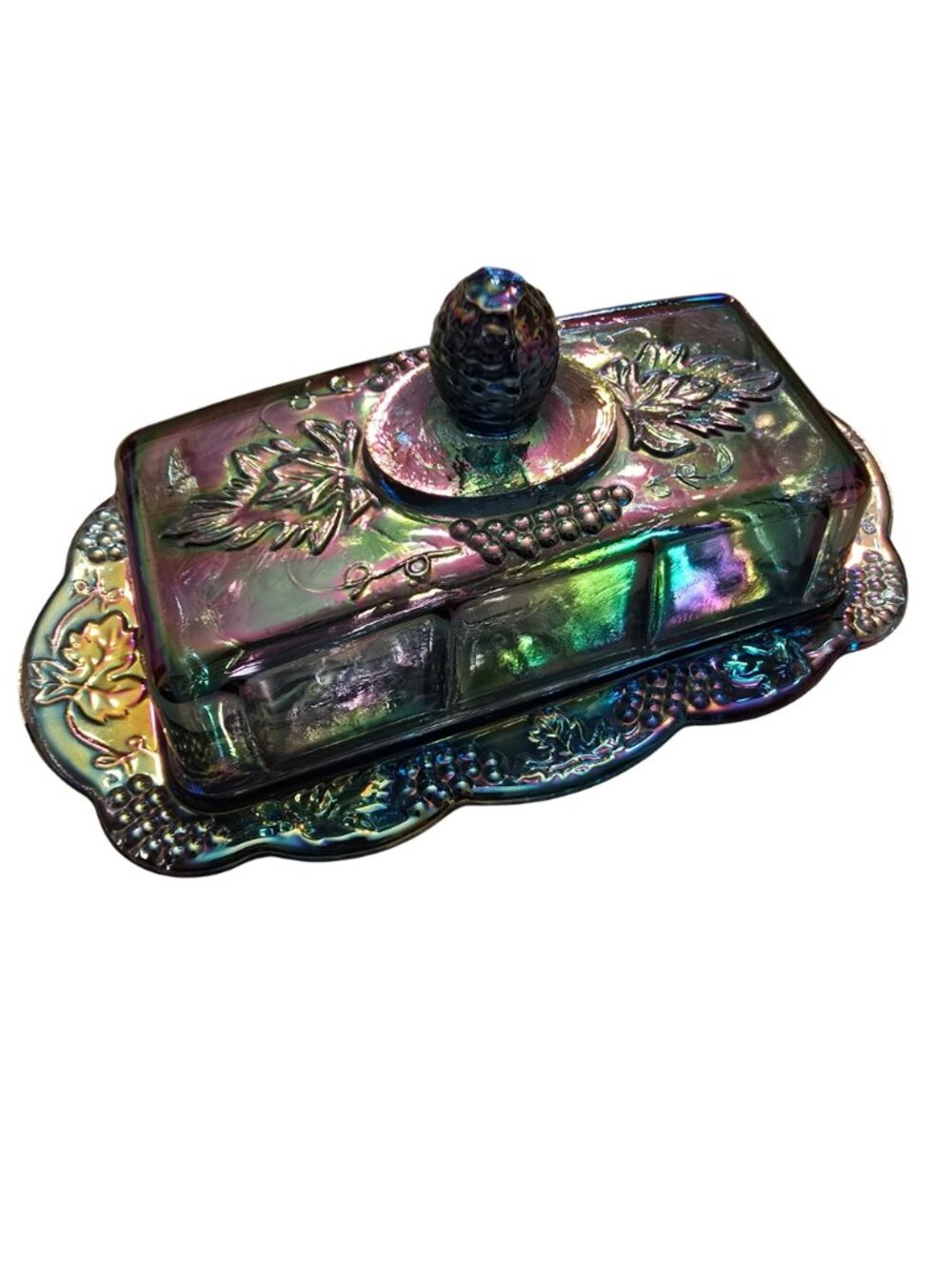 Iridescent Glass Butter Dish Grapevine Pattern Rectangular Indiana Glass JH8029 - Picture 6 of 9